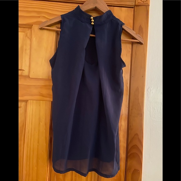 kayinfei Tops - Beautiful Navy Flowing Blue Blouse with 3 Button up Neck-Pleats in back